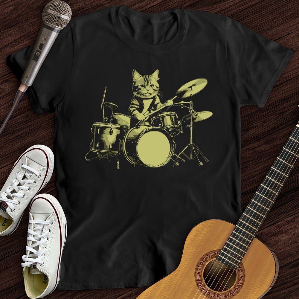 Printify T-Shirt Black / S Cat Drums T-Shirt