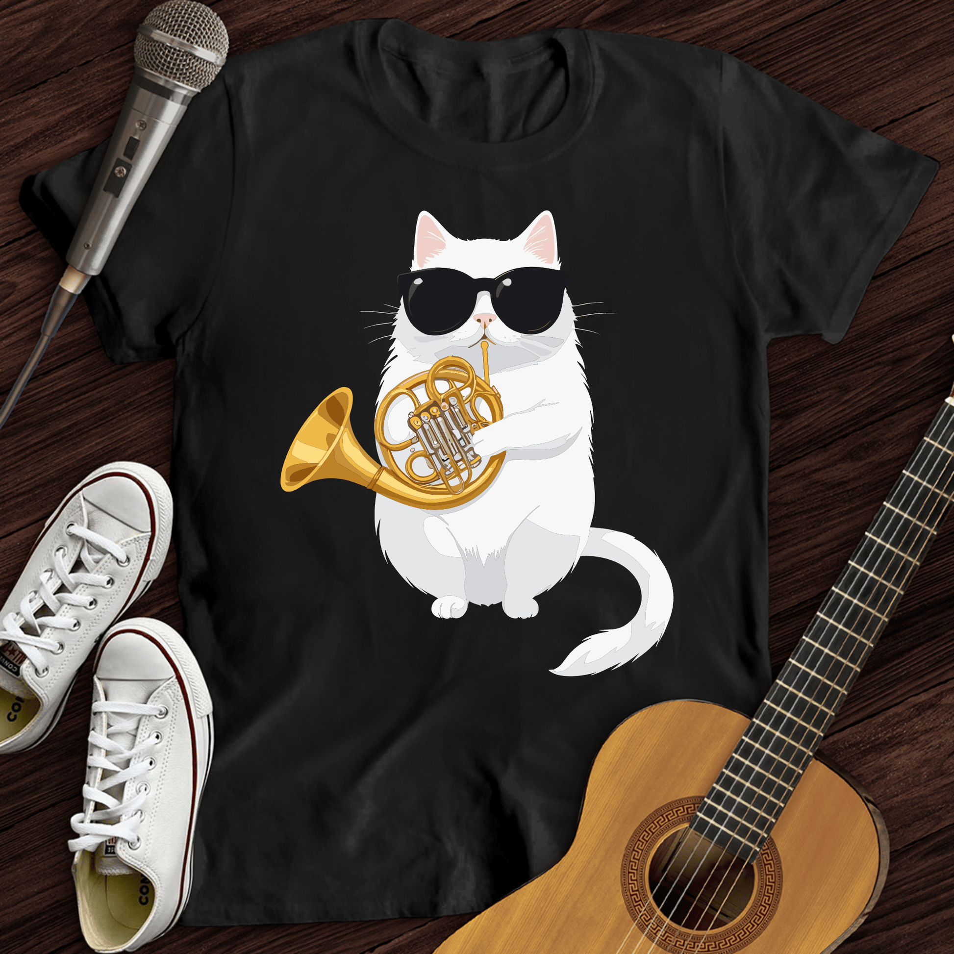 Printify T-Shirt Black / S Cat Playing French Horn T-Shirt