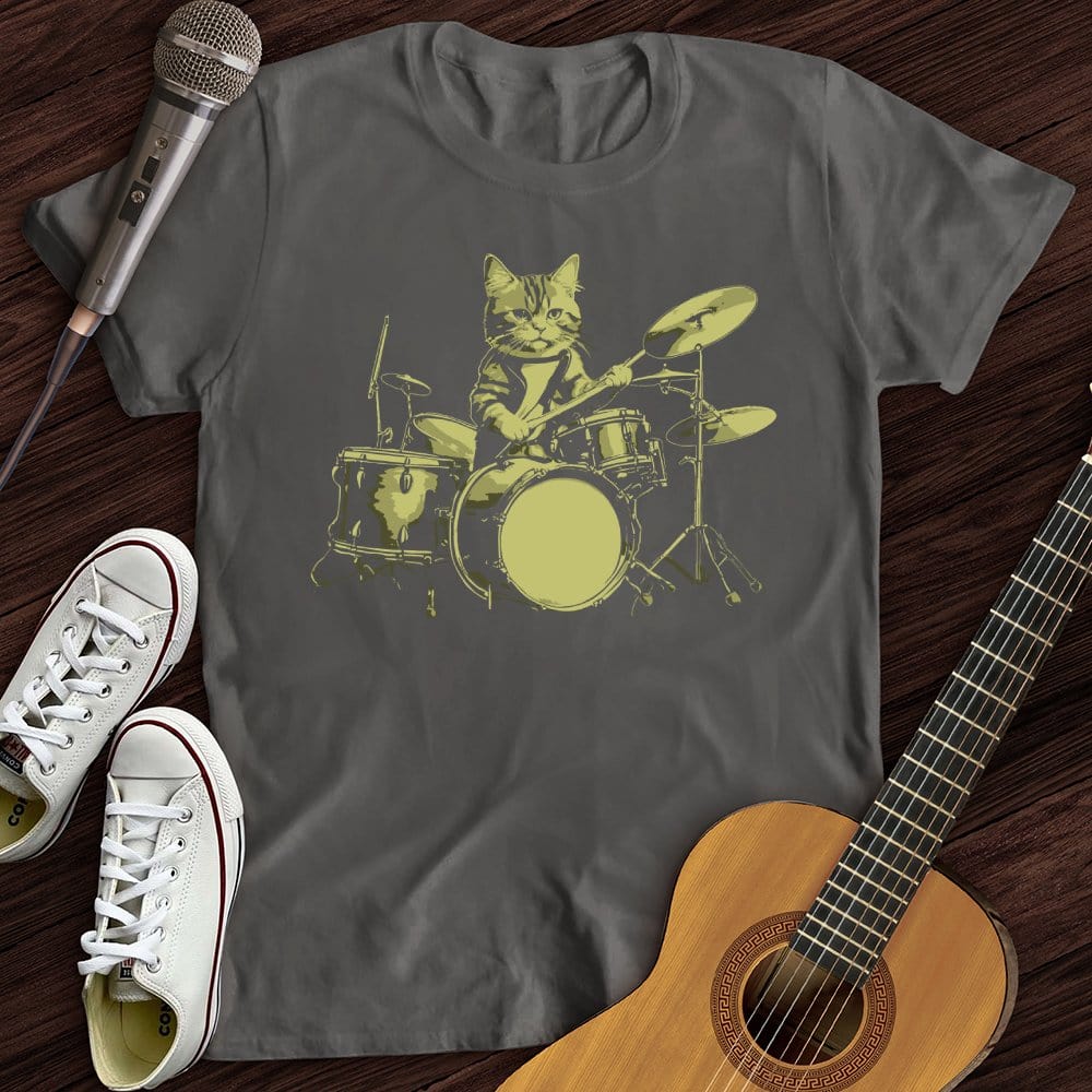 Printify T-Shirt Charcoal / S Cat Drums T-Shirt