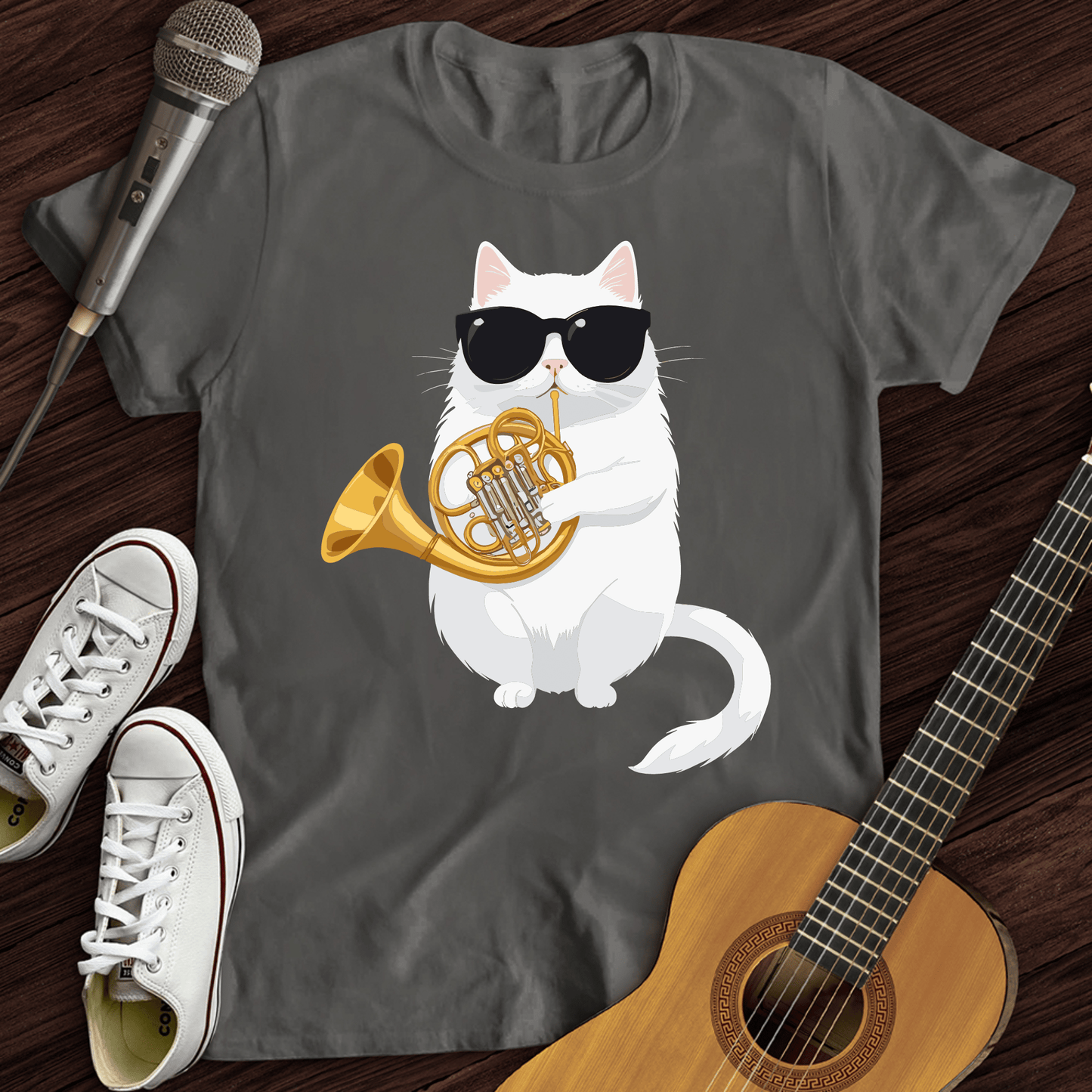 Printify T-Shirt Charcoal / S Cat Playing French Horn T-Shirt