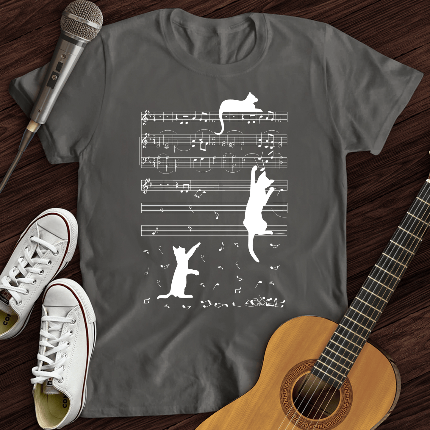 Printify T-Shirt Climbing Cat On Musical Note T-Shirt