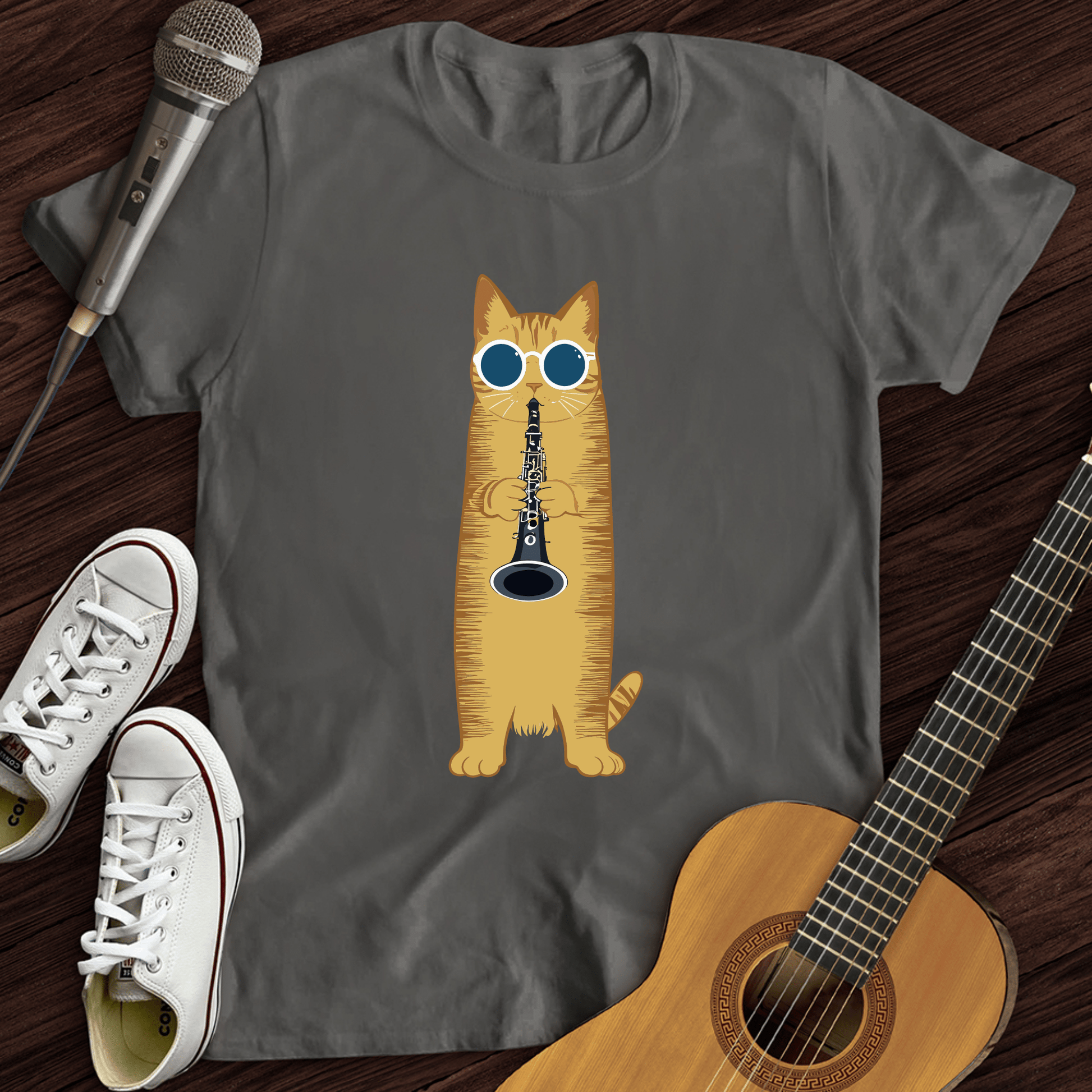 Printify T-Shirt Dark Heather / S Cat Playing The Clarinet T-Shirt