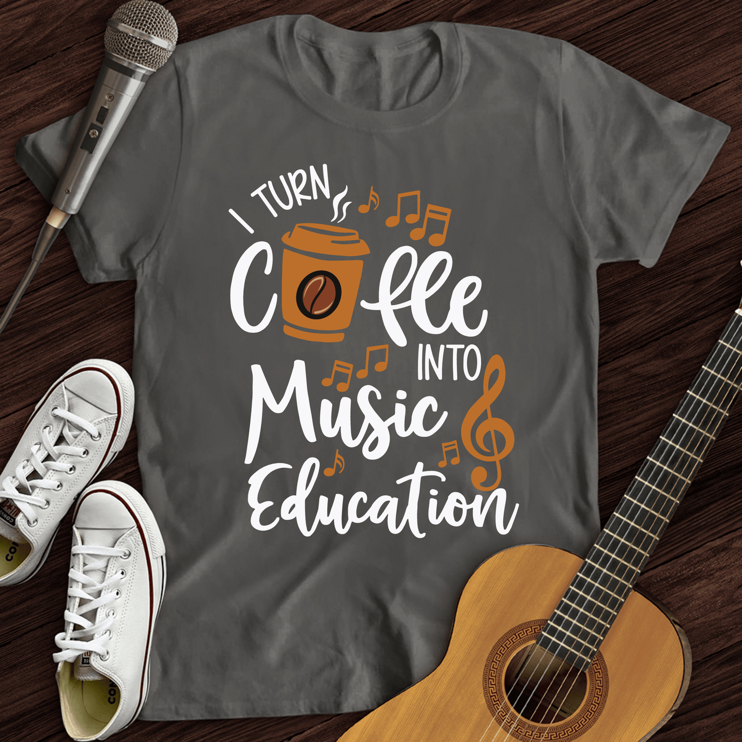 Printify T-Shirt Dark Heather / S Coffee Into Music education T-Shirt