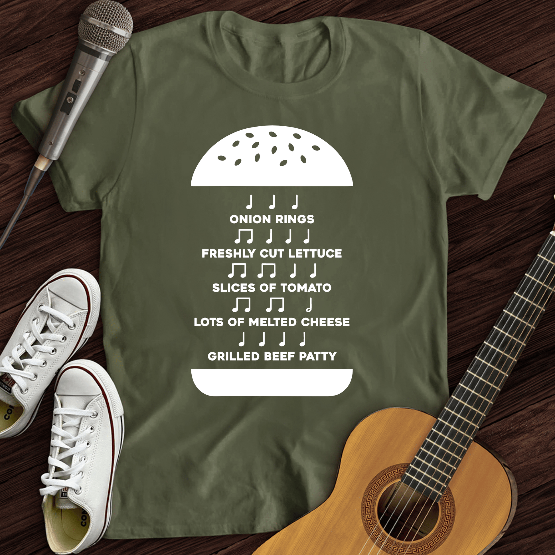 Printify T-Shirt Military Green / S Burger Music T-Shirt