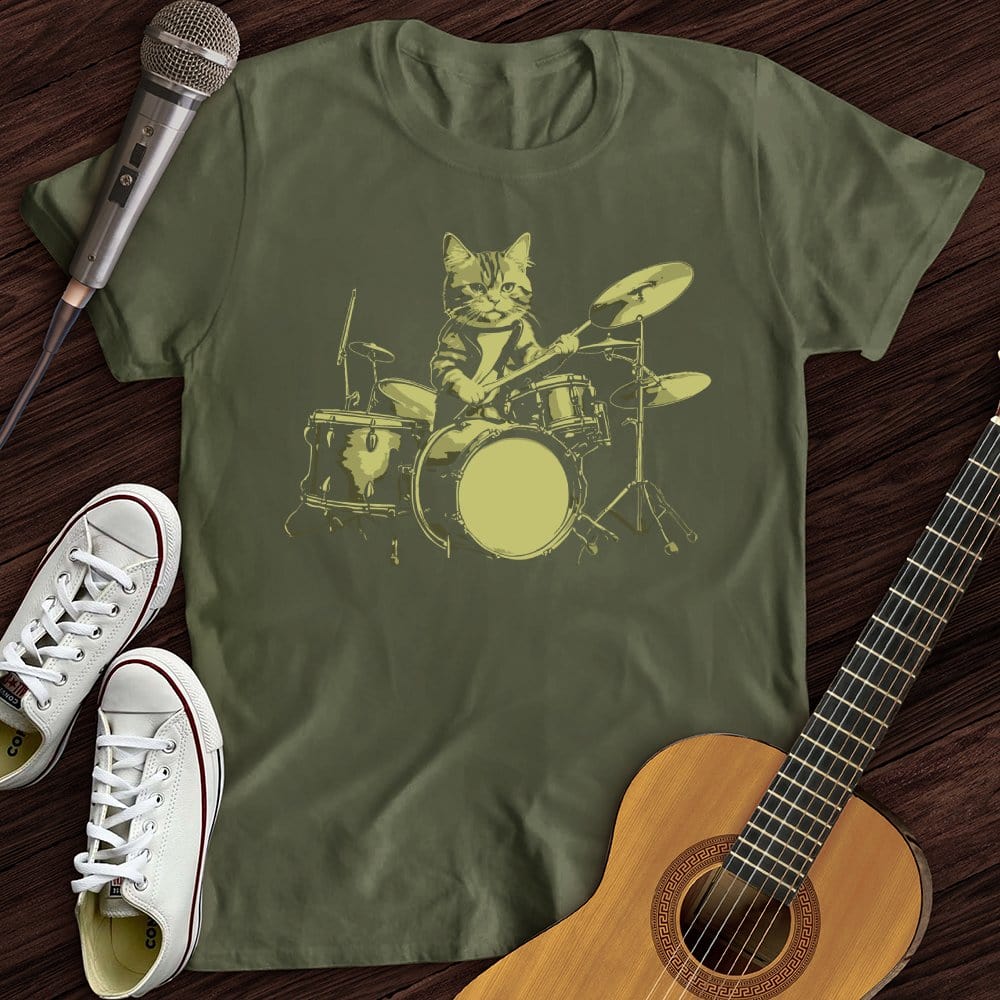 Printify T-Shirt Military Green / S Cat Drums T-Shirt