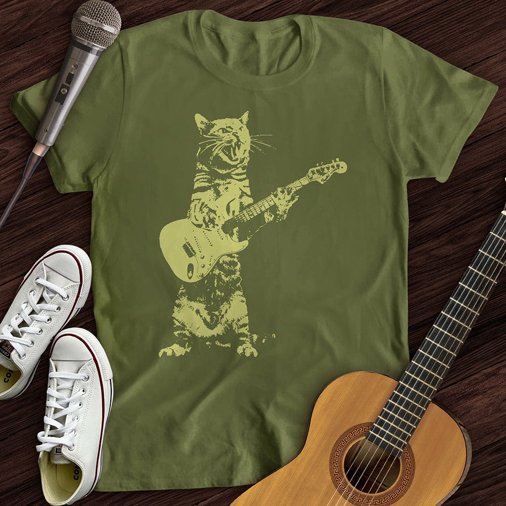 Printify T-Shirt Military Green / S Cat Guitar T-Shirt