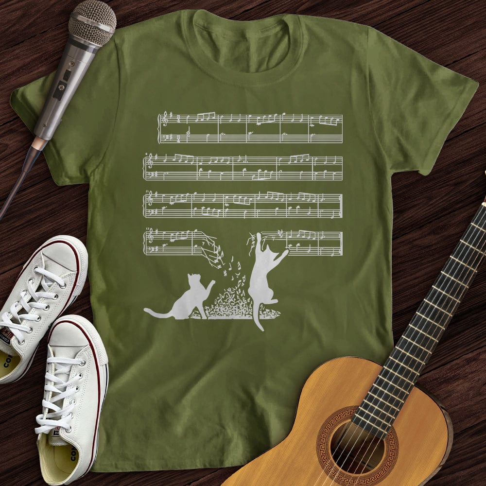 Printify T-Shirt Military Green / S Cat Music Sheet T-Shirt