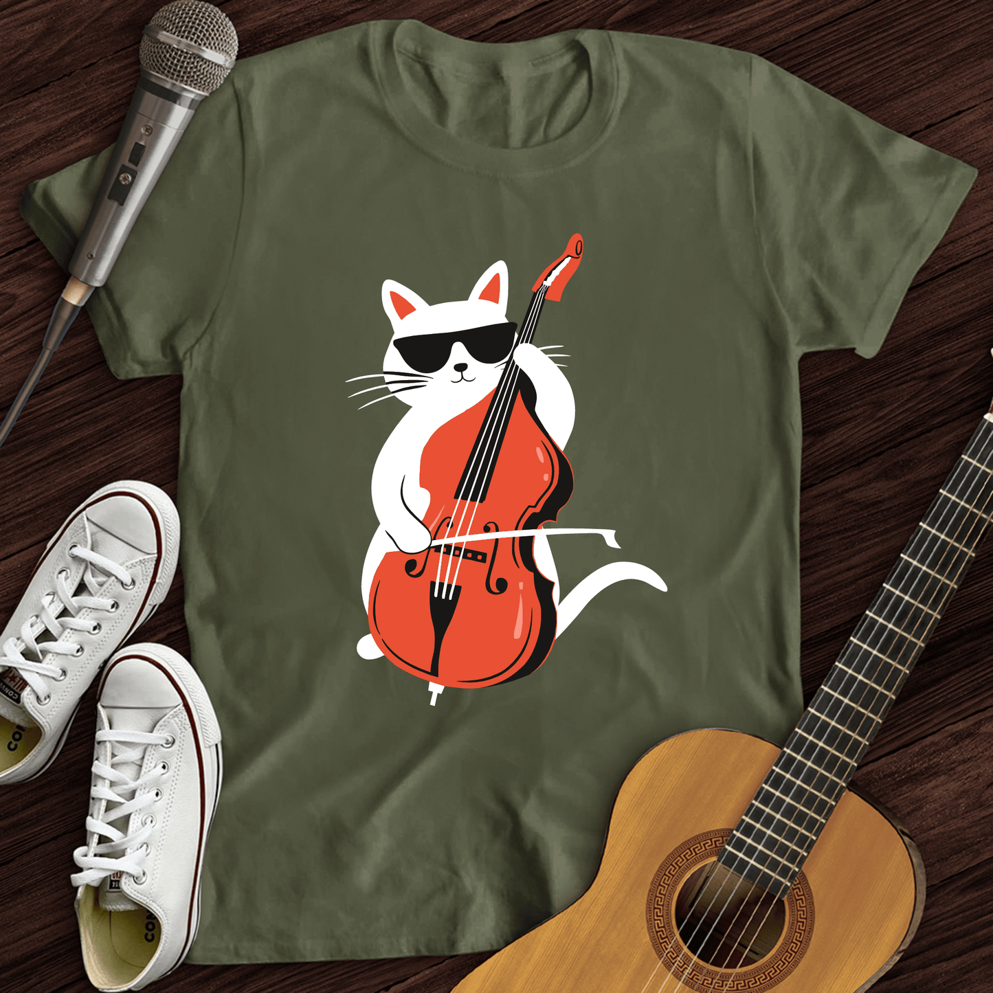 Printify T-Shirt Military Green / S Cat Playing Cello T-Shirt