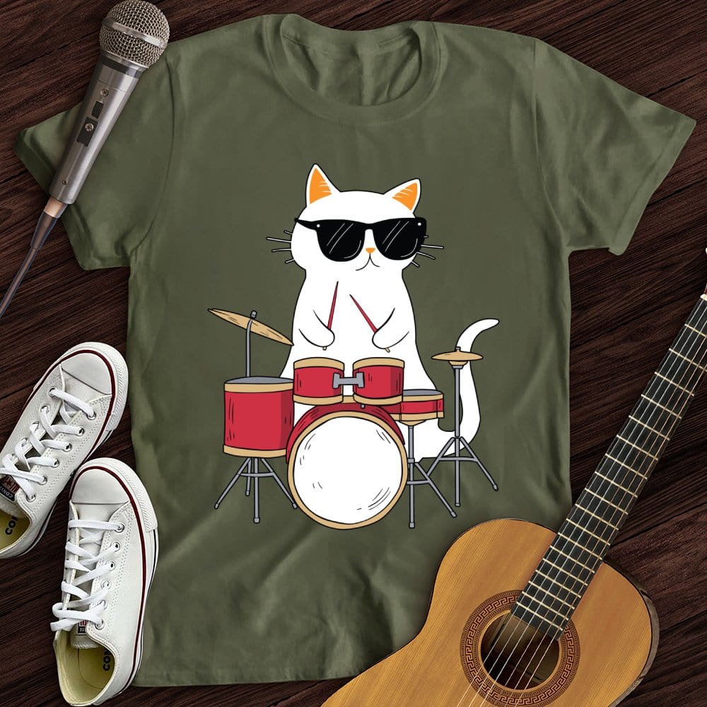 Printify T-Shirt Military Green / S Drummer Cat T-Shirt