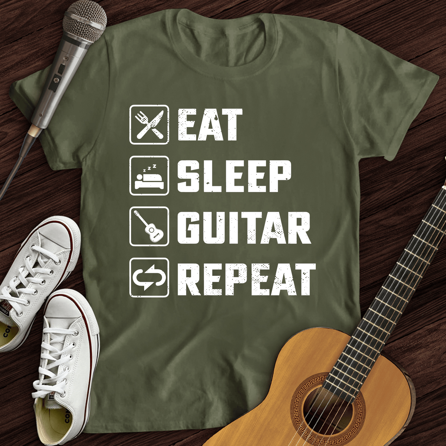 Printify T-Shirt Military Green / S Eat, Sleep, Guitar, Repeat T-Shirt