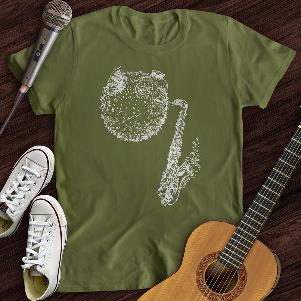 Printify T-Shirt Military Green / S Puffer Fish Saxophone T-Shirt