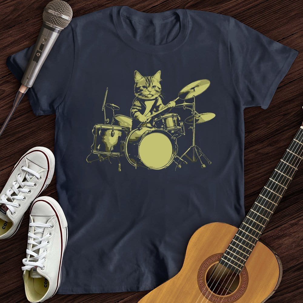 Printify T-Shirt Navy / S Cat Drums T-Shirt