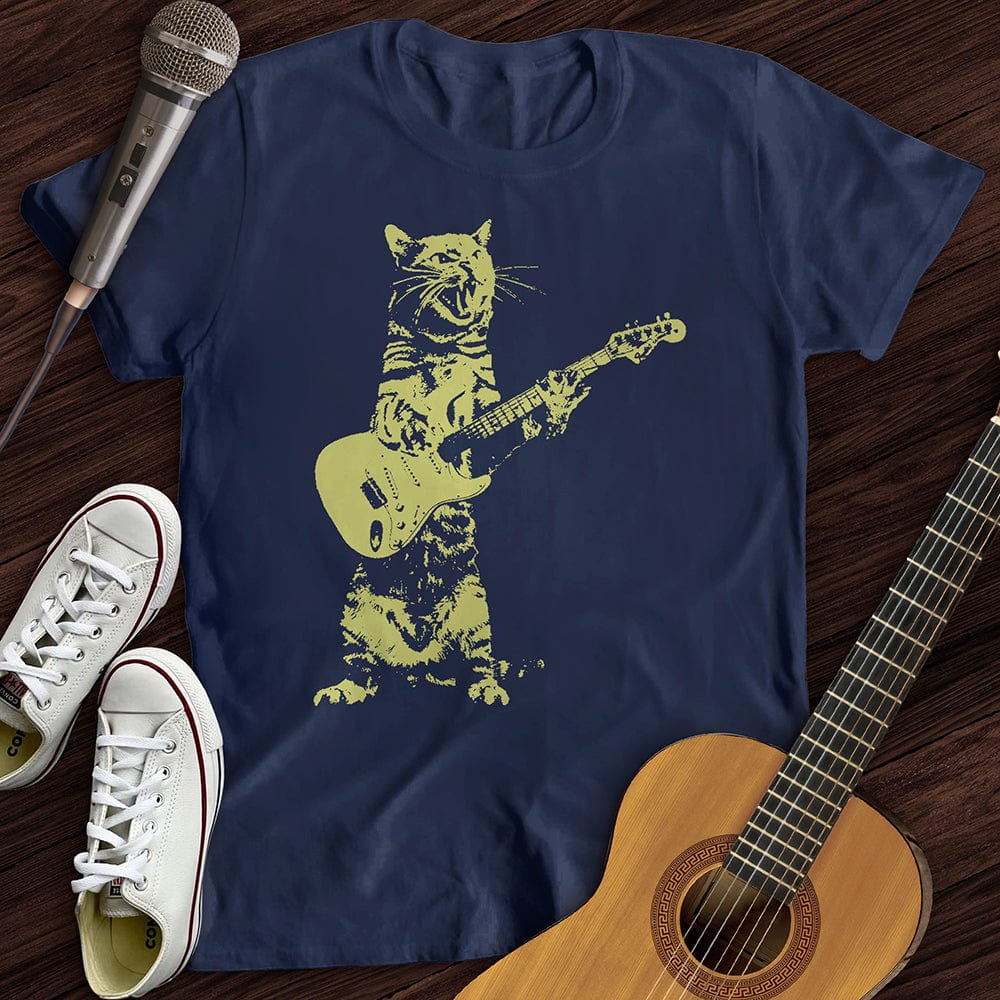 Printify T-Shirt Navy / S Cat Guitar T-Shirt