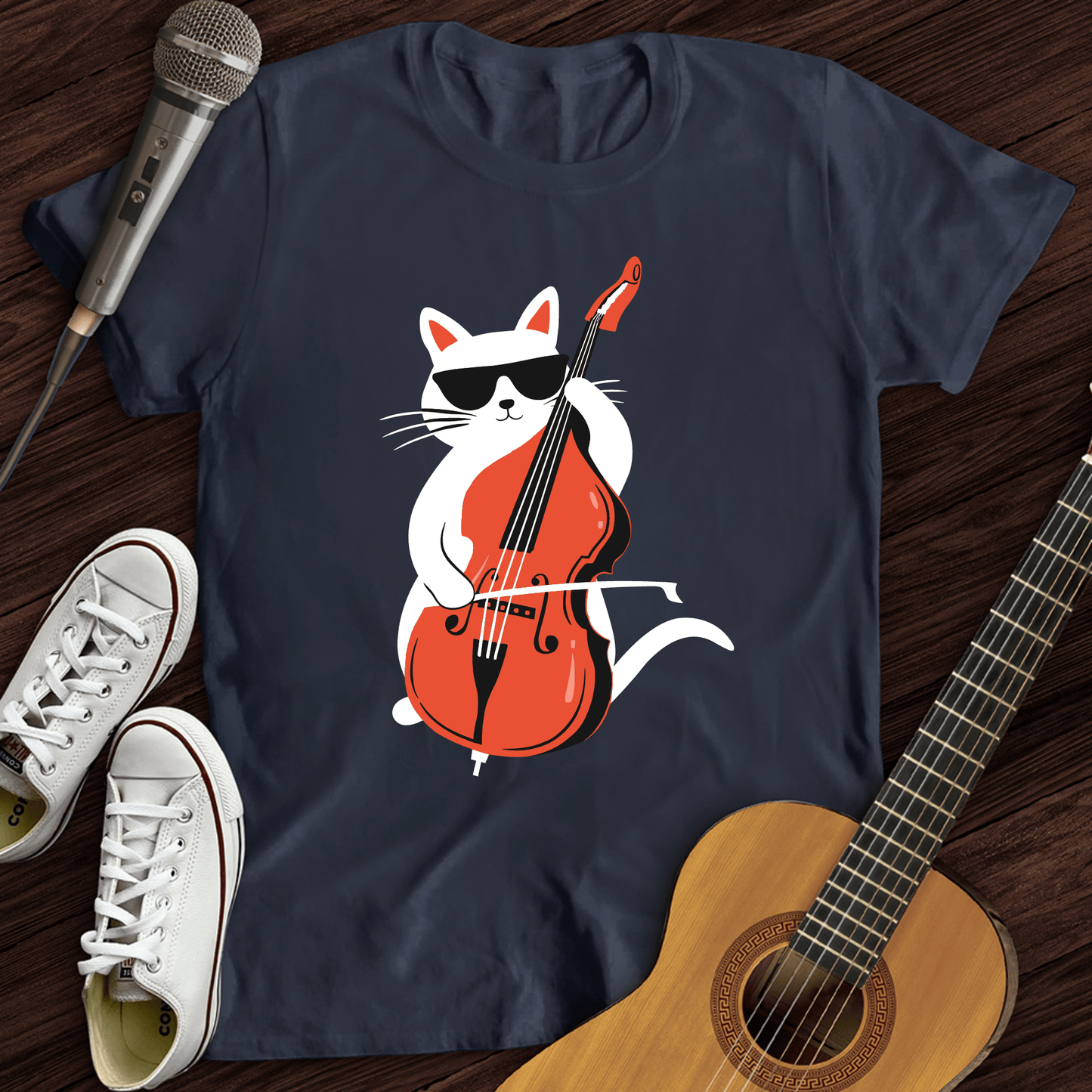 Printify T-Shirt Navy / S Cat Playing Cello T-Shirt