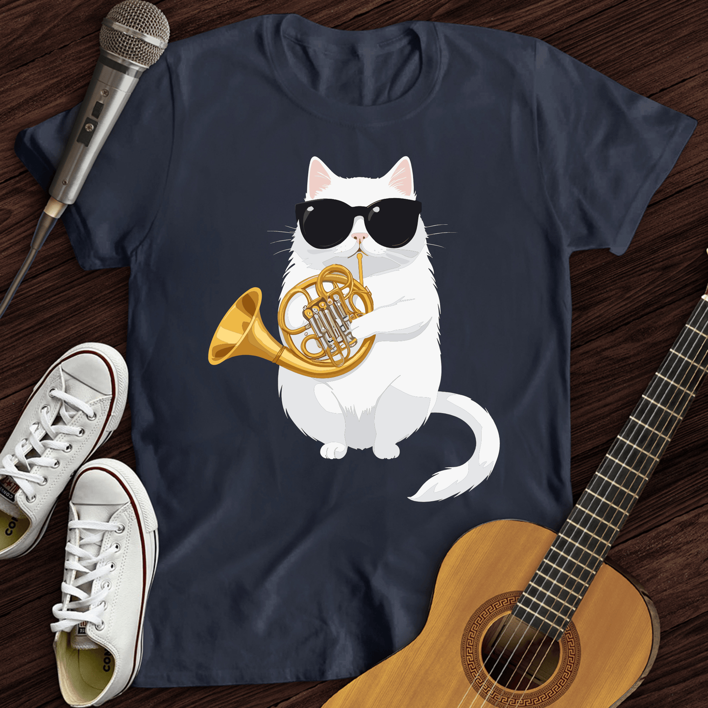 Printify T-Shirt Navy / S Cat Playing French Horn T-Shirt