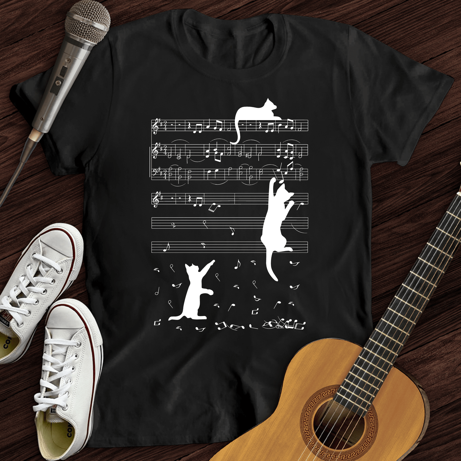 Printify T-Shirt Navy / S Climbing Cat On Musical Note T-Shirt