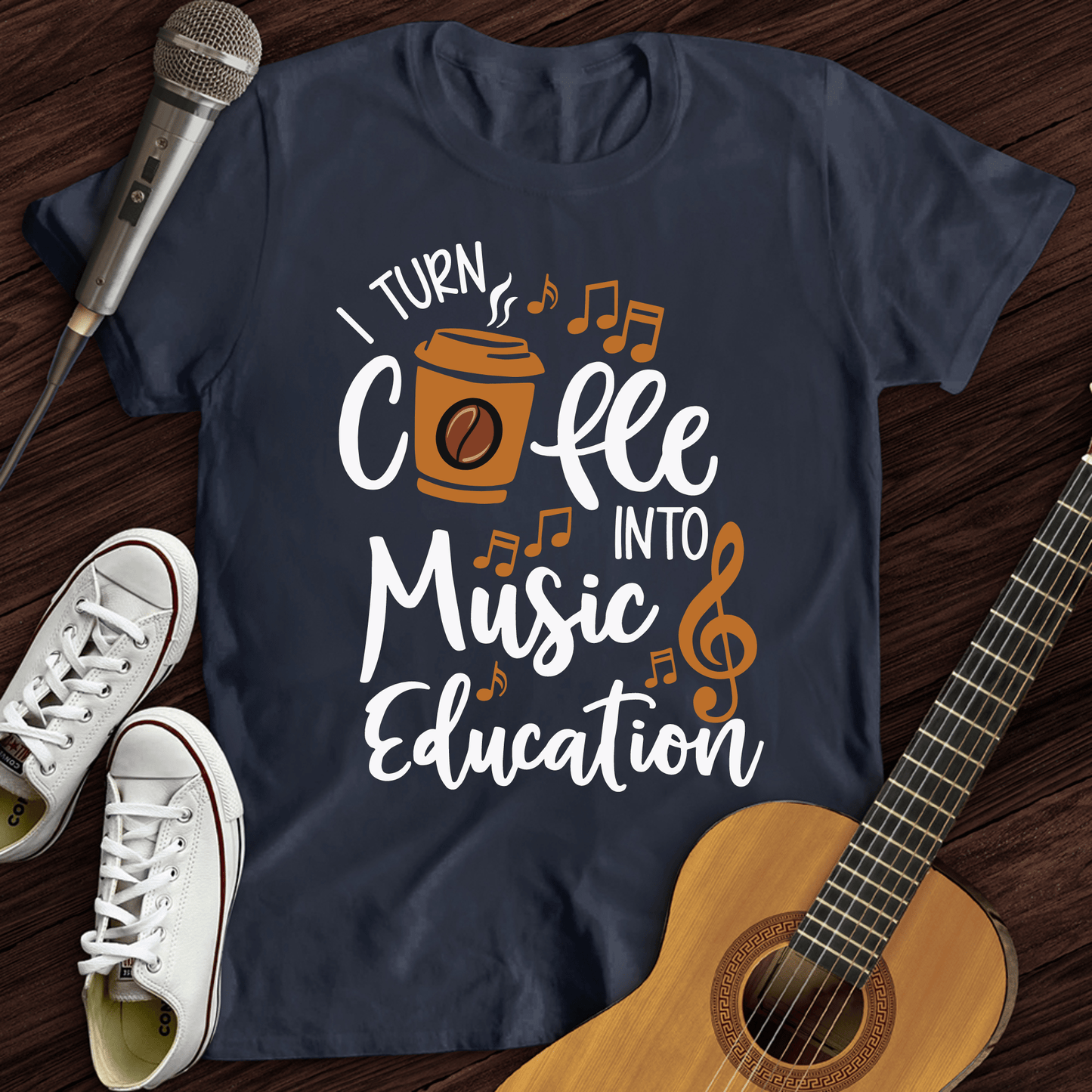 Printify T-Shirt Navy / S Coffee Into Music education T-Shirt