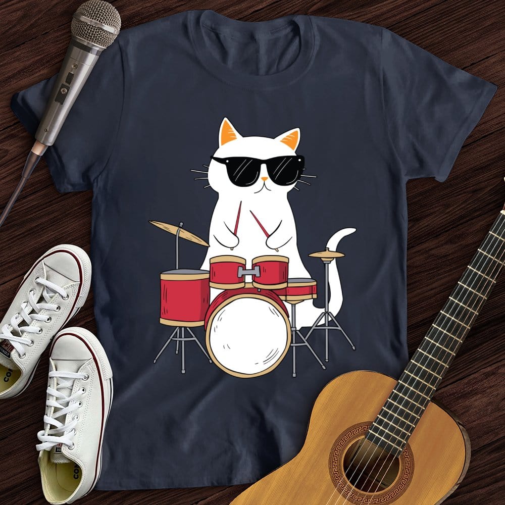 Printify T-Shirt Navy / S Drummer Cat T-Shirt