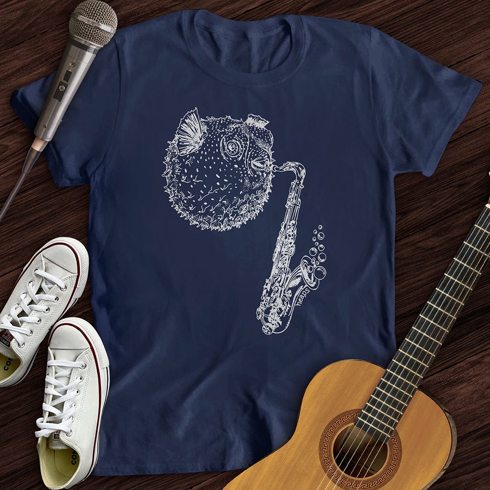 Printify T-Shirt Navy / S Puffer Fish Saxophone T-Shirt