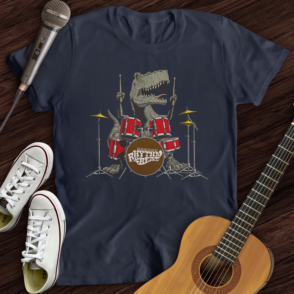 Printify T-Shirt Navy / S T-Rex Playing Drums T-Shirt
