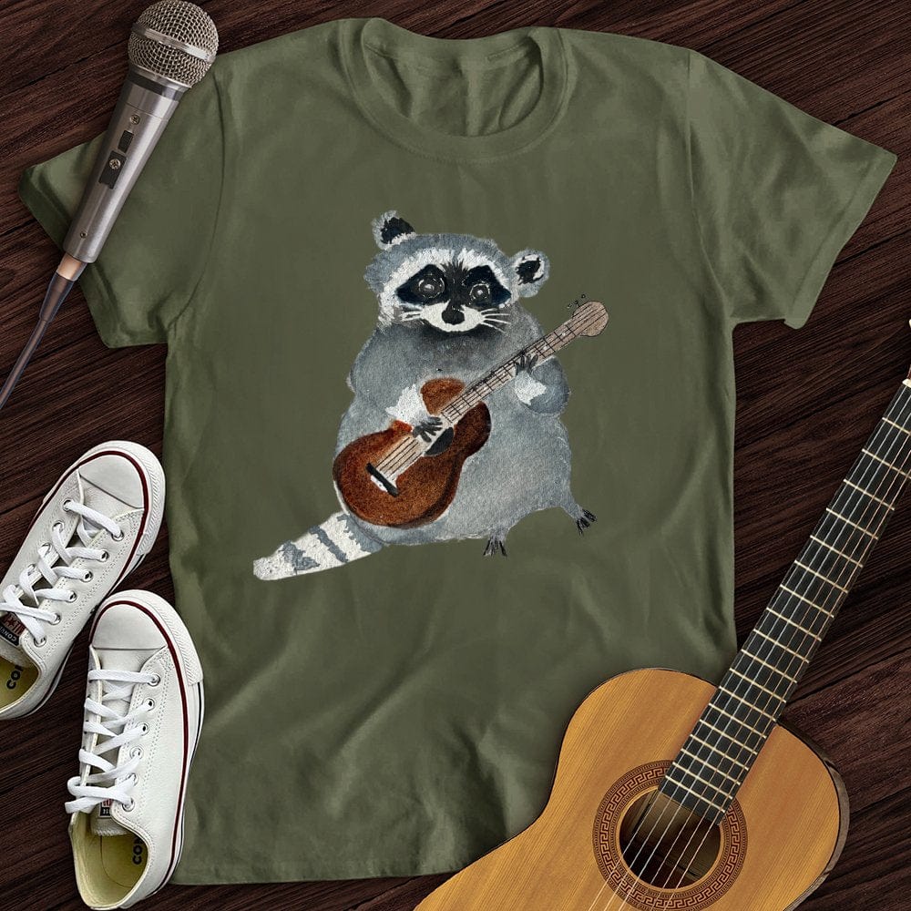 Printify T-Shirt S / Military Green Pastel Raccoon Guitar T-Shirt