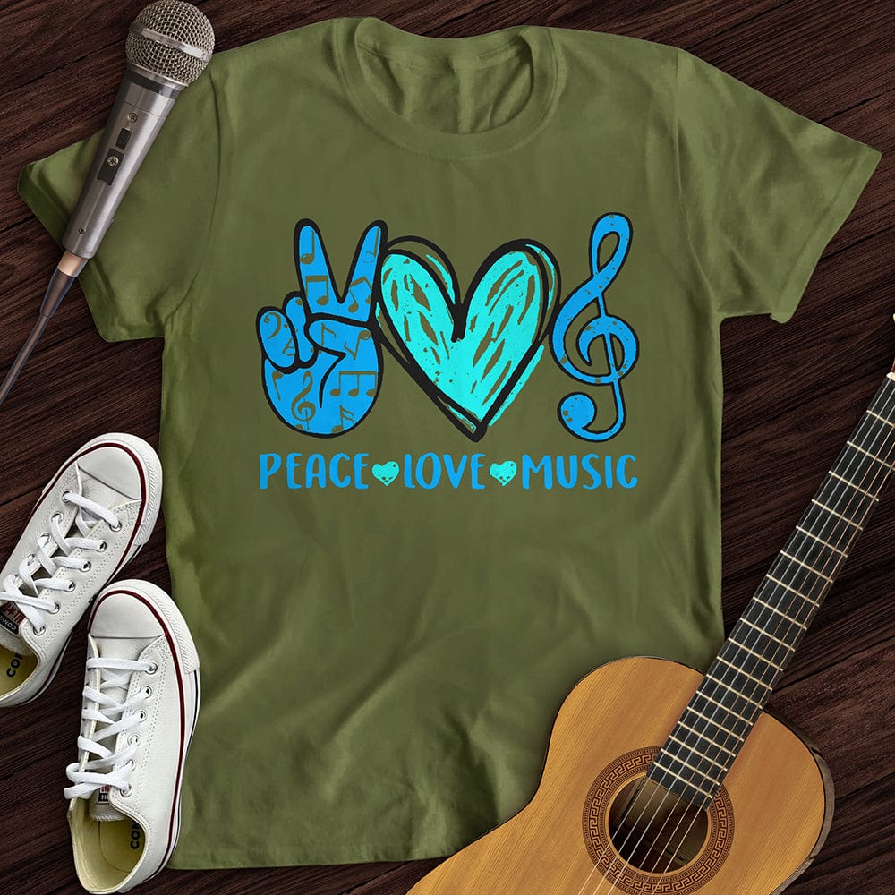 Printify T-Shirt S / Military Green Peace, Love, Music T-Shirt