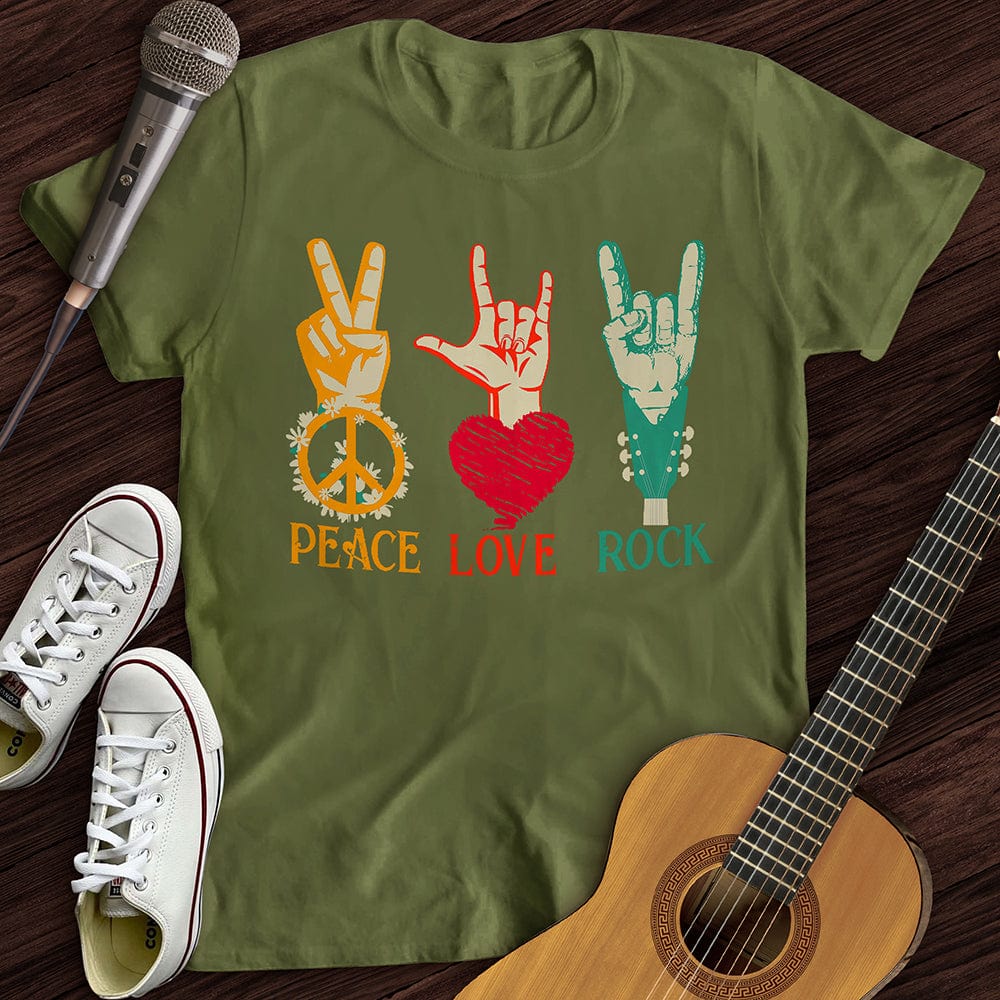 Printify T-Shirt S / Military Green Peace, Love, Rock T-Shirt
