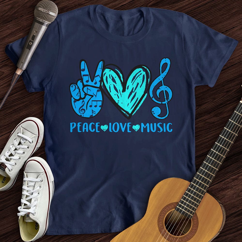 Printify T-Shirt S / Navy Peace, Love, Music T-Shirt