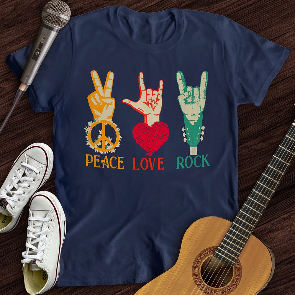 Printify T-Shirt S / Navy Peace, Love, Rock T-Shirt