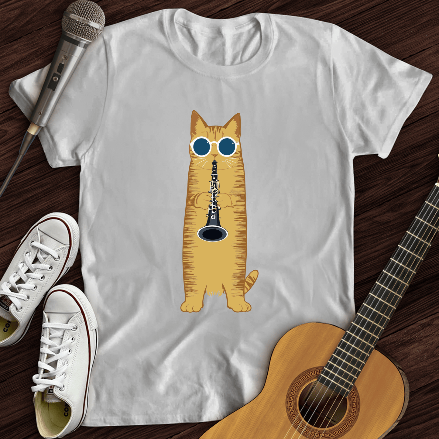 Printify T-Shirt White / S Cat Playing The Clarinet T-Shirt