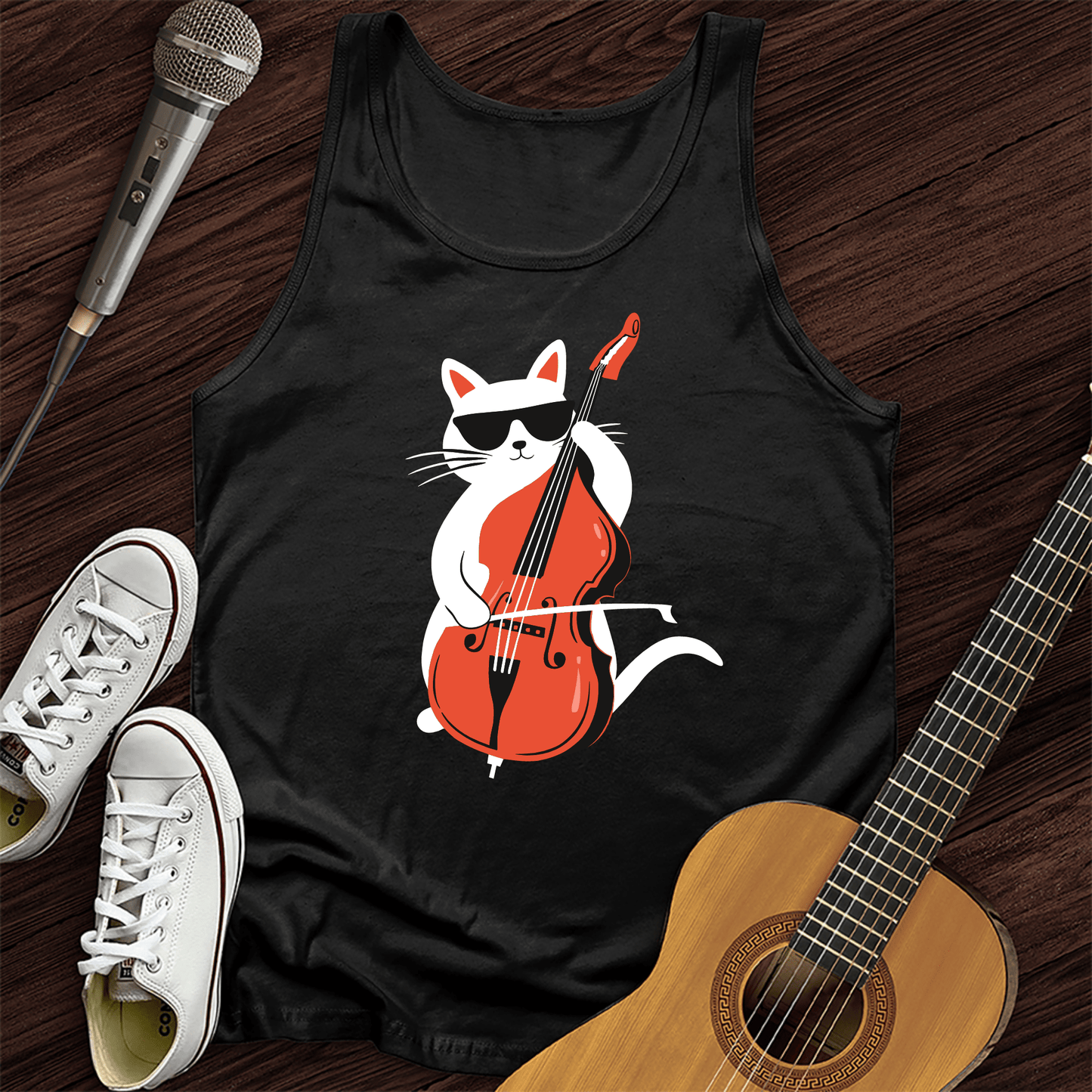 Printify Tank Top Black / XS Cat Playing Cello Tank Top