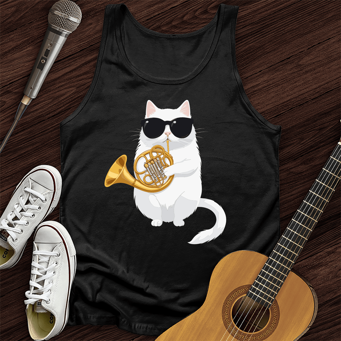 Printify Tank Top Black / XS Cat Playing French Horn Tank Top