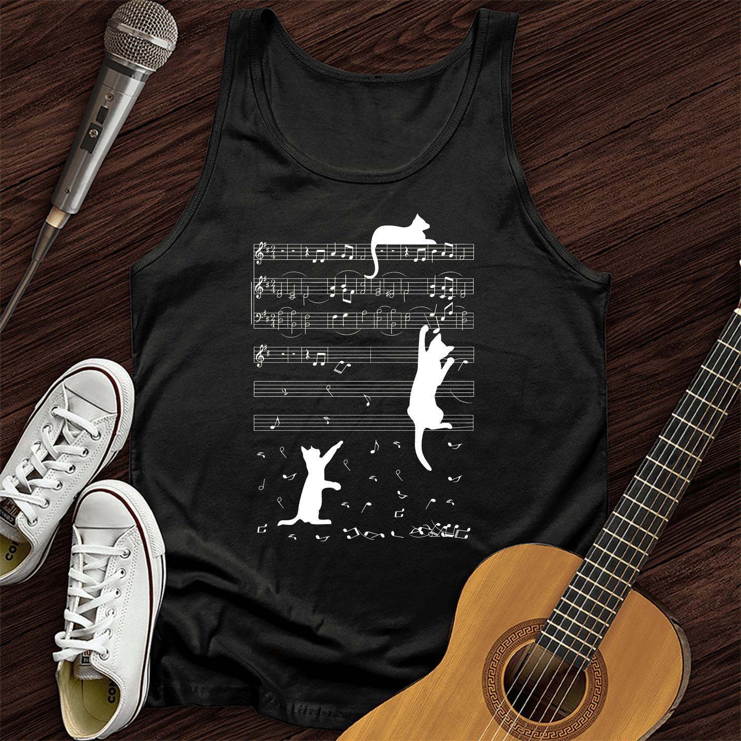 Printify Tank Top Black / XS Climbing Cat On Musical Note Tank Top