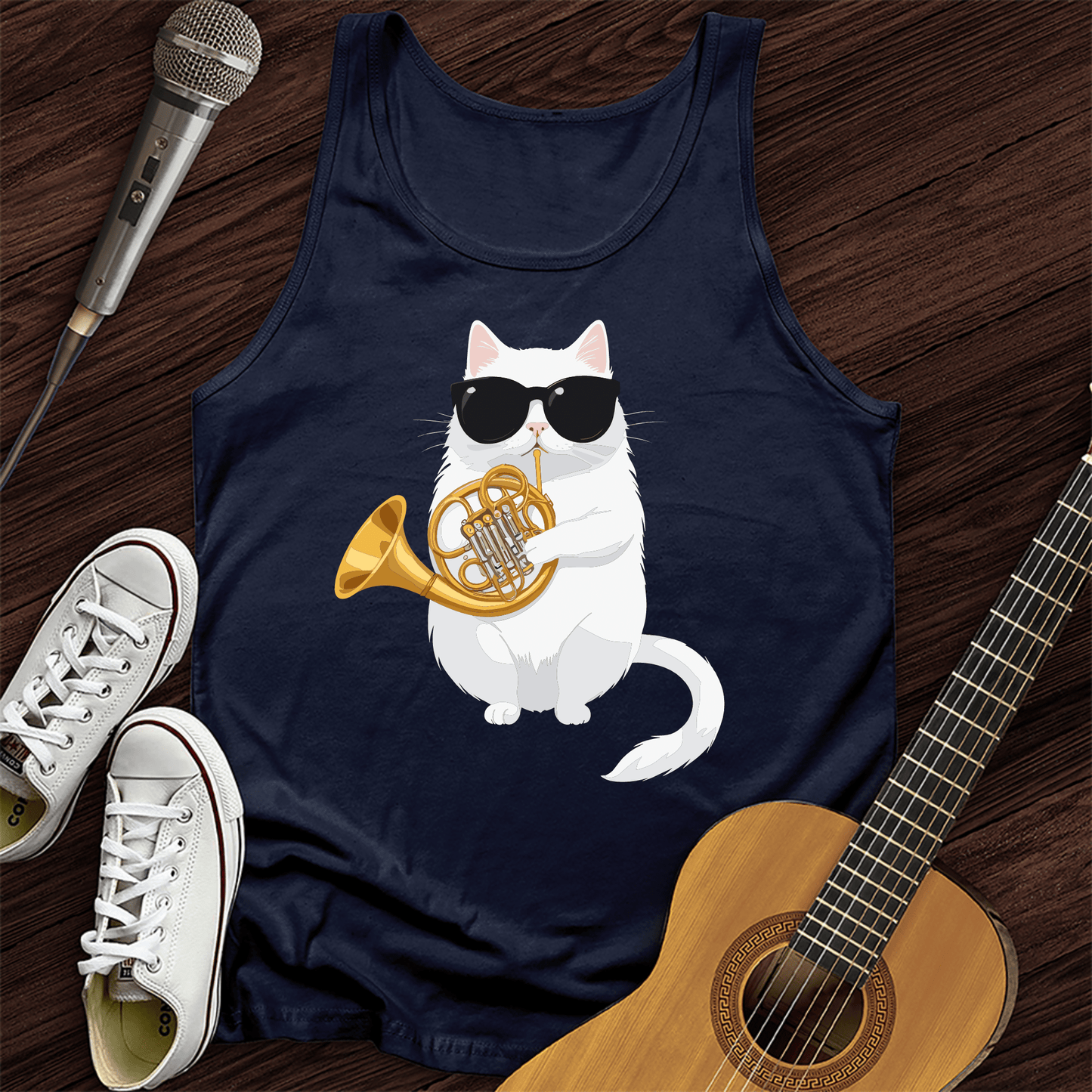 Printify Tank Top Navy / XS Cat Playing French Horn Tank Top