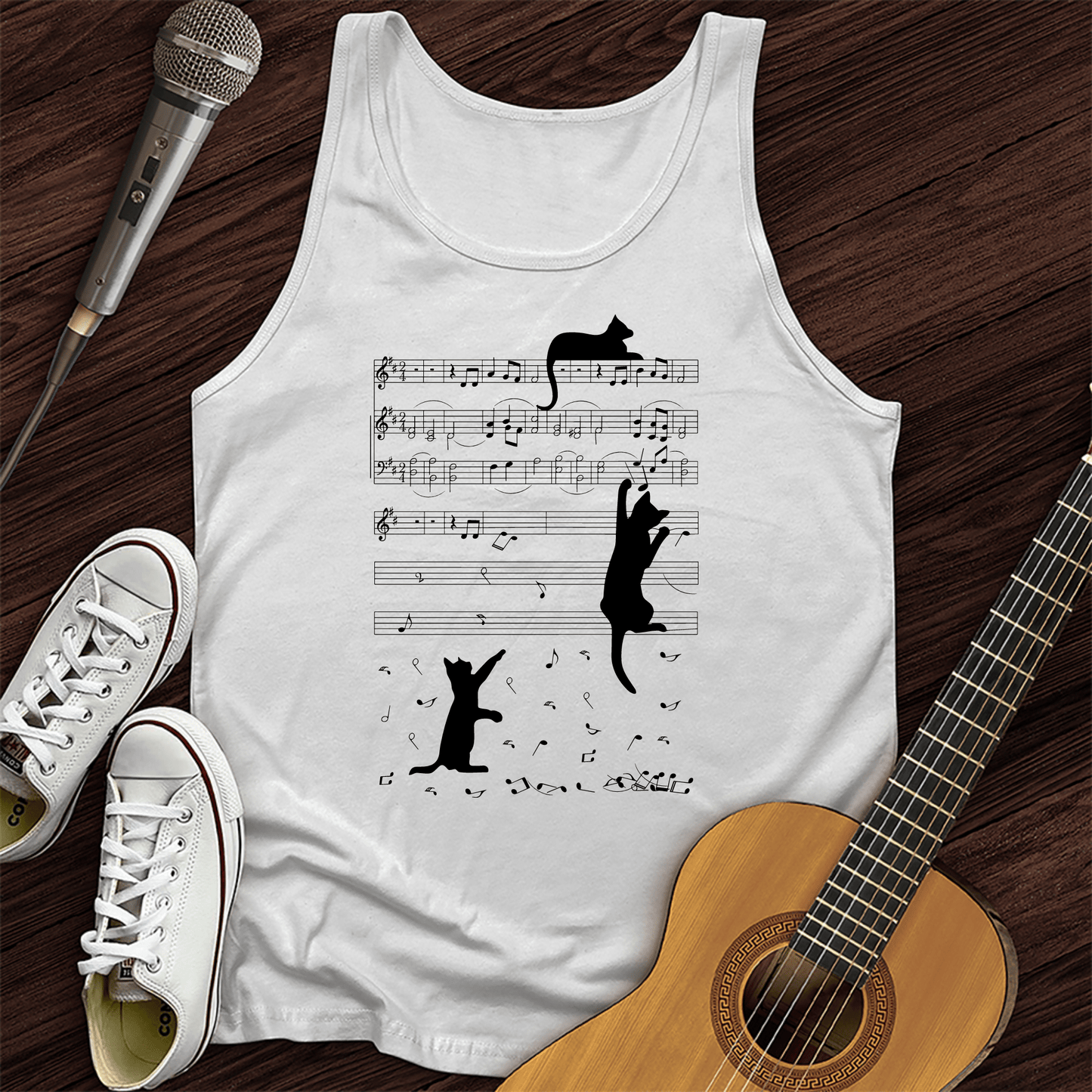 Printify Tank Top White / XS Climbing Cat On Musical Note Tank Top