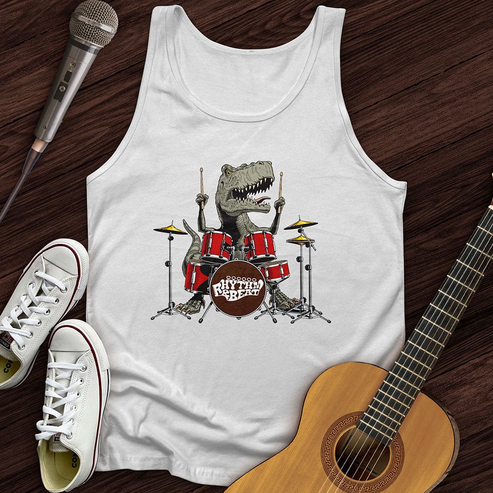 Printify Tank Top White / XS T-Rex Playing Drums Unisex Tank Top