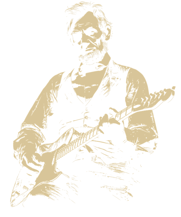 The Lincoln Guitar art: Abraham Lincoln, seated in a vest and shirtsleeves, playing an electric guitar, in cream ink.