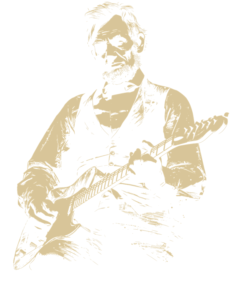 The shirt's art: a detailed woodcut-style drawing of Abraham Lincoln, seated in his vest and shirtsleeves, playing an electric guitar, in cream ink