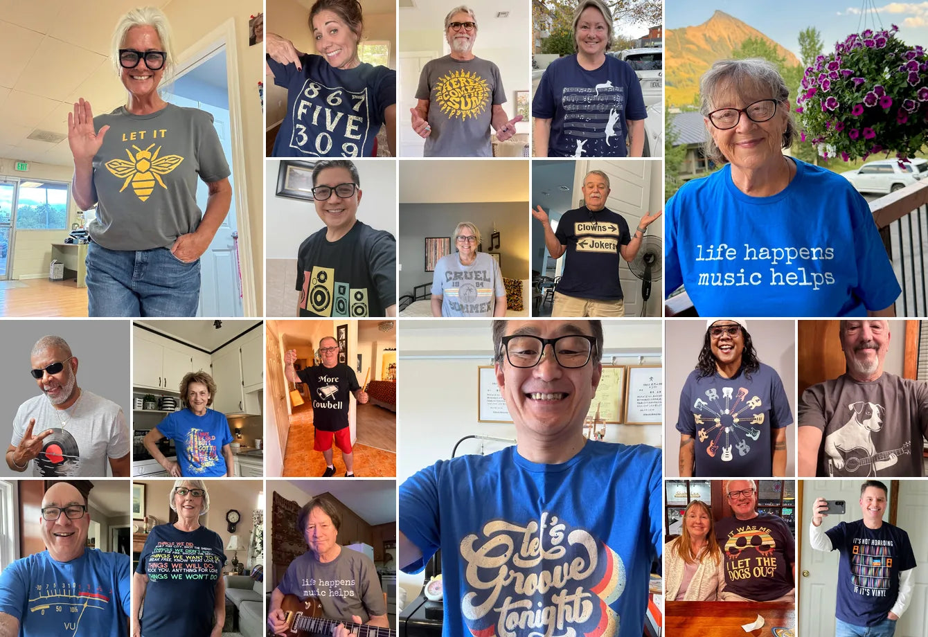 Rhythm and Beat customers wearing their shirts, from their review photos